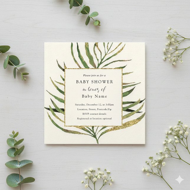 Palmblättrige Babydusche Einladung (Gold palm leaf baby shower invitation.)