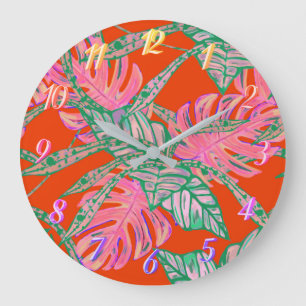 Palmblättrige Monstera coleus tropisches Feuer rot Große Wanduhr