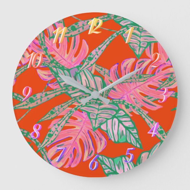 Palmblättrige Monstera coleus tropisches Feuer rot Große Wanduhr (Vorderseite)