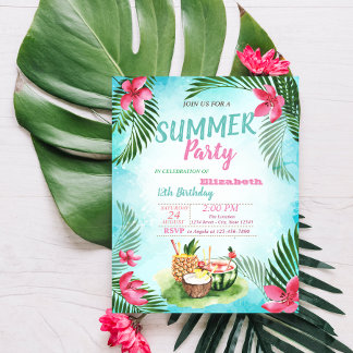 Palmblättrige, tropische Blume, Obst Geburtstagspa Einladung