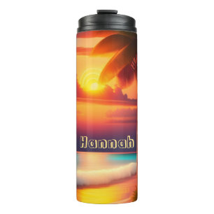 Palme am Strand bei Sonnenuntergang Thermosbecher