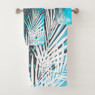 Palme Blätter, abstrakt, modern, aquamarin, grau,  Badhandtuch Set