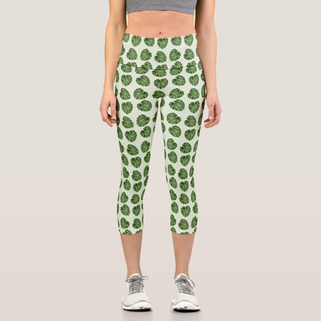 Palme-Blätter, Grüne Blätter, tropisches Muster Capri Leggings (Vorderseite)