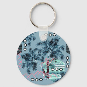 Palme Hawaiianisch blau schwarzes Monogramm person Schlüsselanhänger