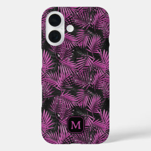 Palme mit rosa Glitter Schwarz modernes Monogramm iPhone 16 Hülle