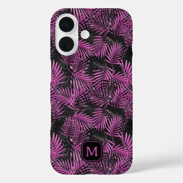 Palme mit rosa Glitter Schwarz modernes Monogramm Case-Mate iPhone Hülle (Rückseite)