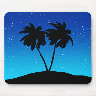 Palme-Silhouette auf Abends-Blau mit Sternen Mousepad