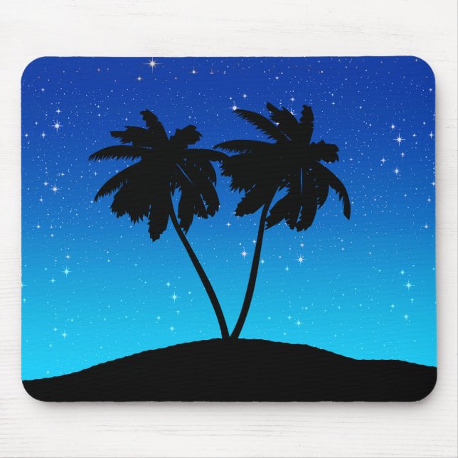 Palme-Silhouette auf Abends-Blau mit Sternen Mousepad (Vorne)