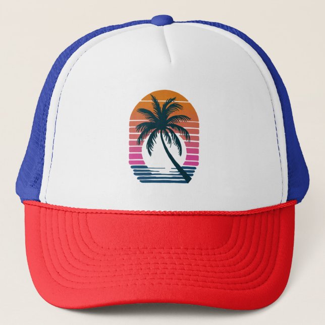 Palme Tree - Retro Style Tropical Beach Sonnenunte Truckerkappe (Vorderseite)