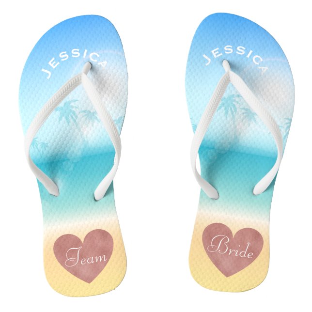 Palme-tropisches Strand-Hochzeits-Team-Braut-Herz Flip Flops (Fußbett)