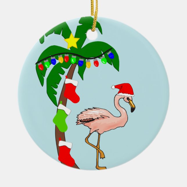 Palme und Flamingo-tropisches Weihnachten Keramik Ornament (Vorne)