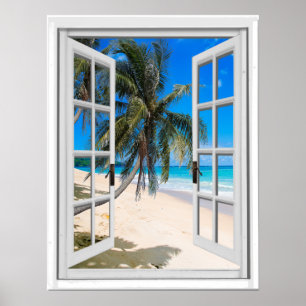 Palme-und Ozean-Ansicht-Imitat-Fenster Poster