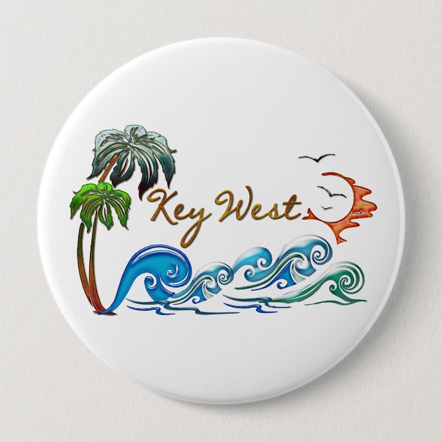 Palmen 3d, Wellen u. Sonnenuntergang KEY WEST Button (Vorderseite)