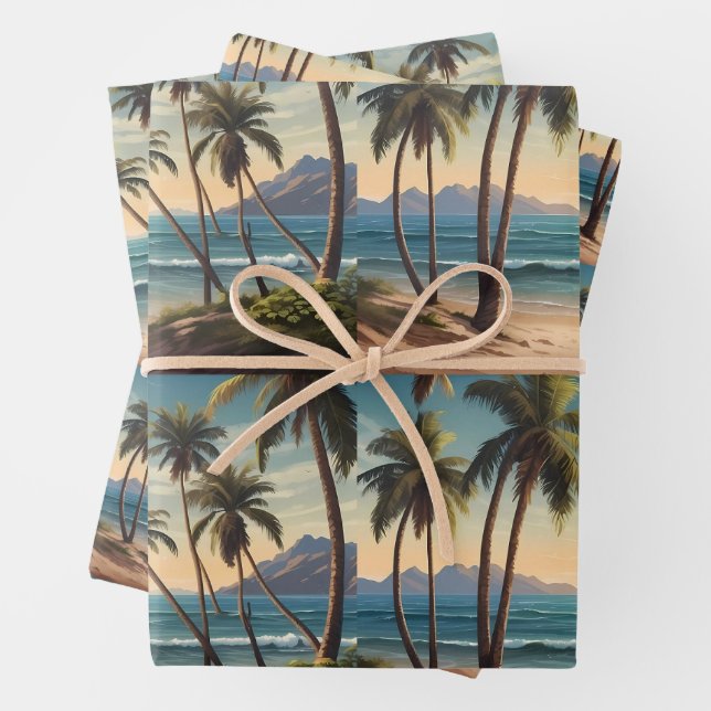 Palmen an einem Strand mit Blick aufs Meer Geschenkpapier Set (Beispiel)