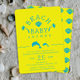 Palmen & Delfine Gelbe & Türkise Strand-Baby-Party Einladung