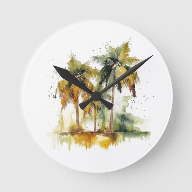 Palmen in grünen und gelben Aquarelltropen Runde Wanduhr (Vorderseite)