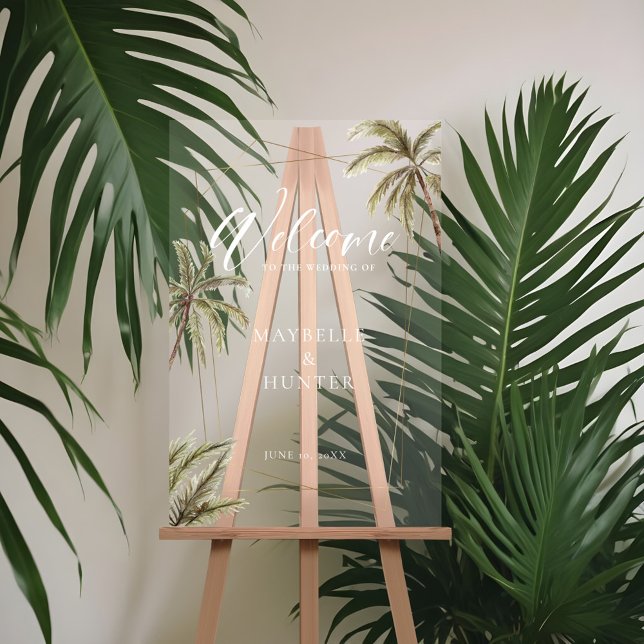 Palmen in tropischer Wasserfarbe Hochzeit Acrylschild (Tropical Watercolor Palm Trees Wedding Welcome Acrylic Sign)