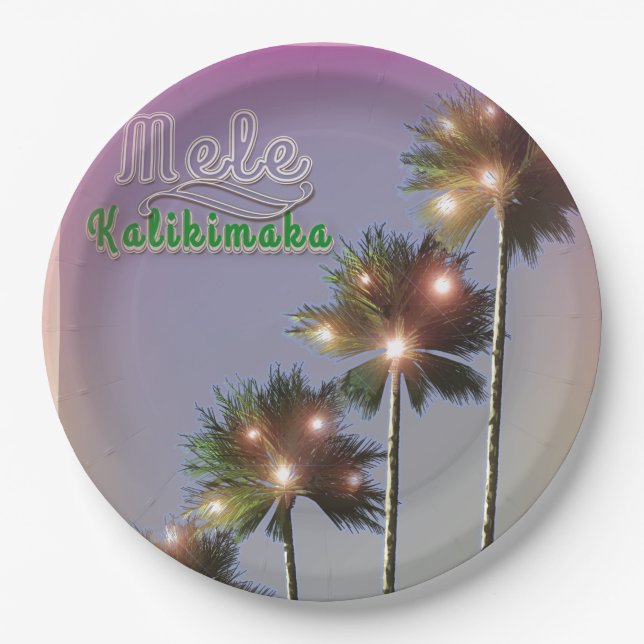 Palmen mit Lichtern Mele Kalikimaka Pappteller (Vorderseite)