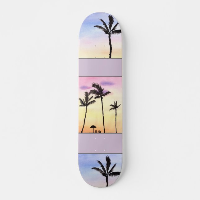 Palmen mit Sonnenaufgängen im Pastell Skateboard (Vorne)