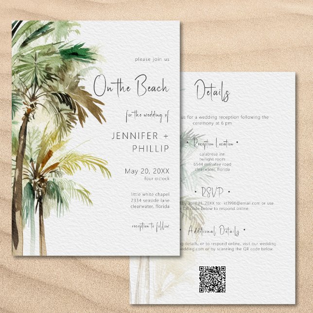 Palmen modern am Strand Hochzeit zwei Seiten Einladung (Palm Trees Modern On the Beach Wedding Two Sided Invitation)