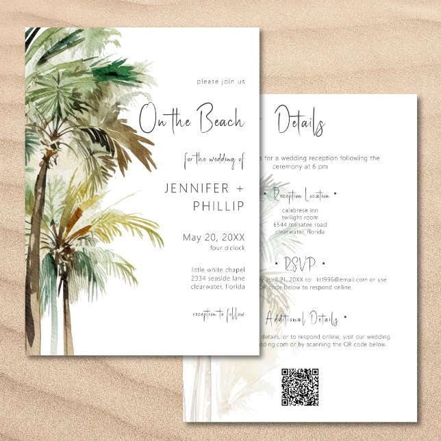 Palmen modern am Strand Hochzeit zwei Seiten Einladung (Palm Trees Modern On the Beach Wedding Two Sided Invitation)