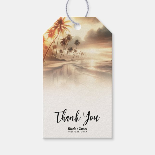 Palmen & Orange Sunset Beach Hochzeit Geschenkanhänger (Vorderseite)