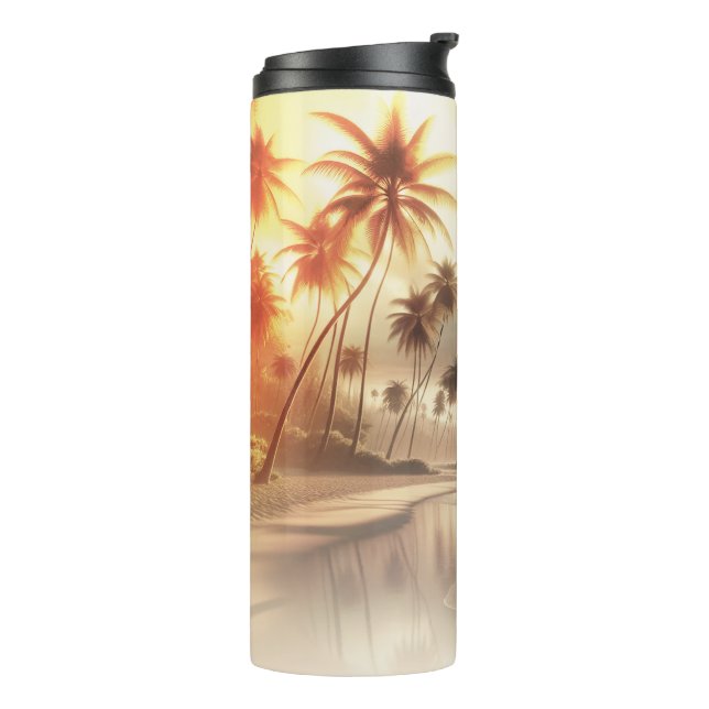 Palmen & Oranger Sonnenuntergangsstrand Thermosbecher (Nach links gedreht)