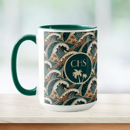 Palmen Polynesische Waves Vintag Beach Monogram Tasse