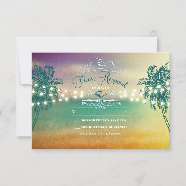 Palmen Saitenleuchten Strand Hochzeit RSVP Karten (Vorderseite)