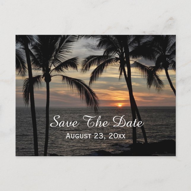 Palmen Save the Date Hochzeit in Urlaubsort Ankündigungspostkarte (Vorderseite)