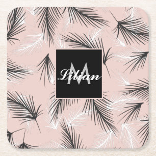 Palmen Schwarz-weiß Erdung Ton Rosa Mit Monogramm Rechteckiger Pappuntersetzer