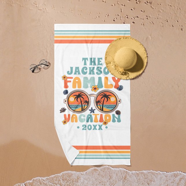 Palmen Sonnenbrille Retro Familienurlaub Groovy Strandtuch (Von Creator hochgeladen)