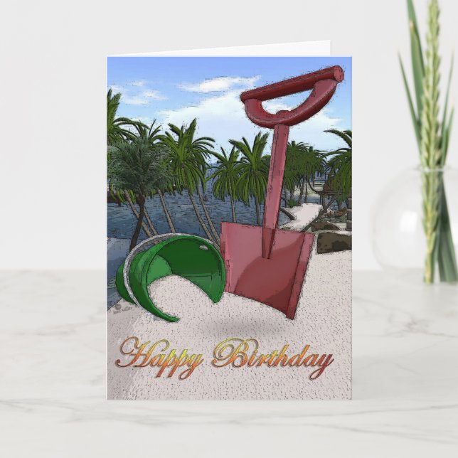 Palmen Strand direkt am Meer Sand rote Eimer Karte (Vorderseite)