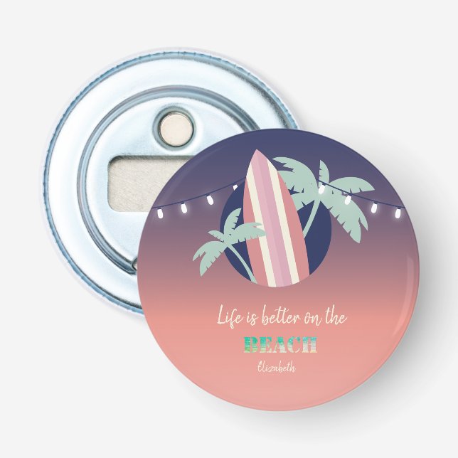 Palmen, Surfbrett, Strandlichtstrand Flaschenöffner (Vorderseite)