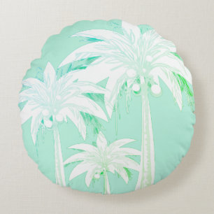 Palmen Tree Green White Tropical Beach House Rundes Kissen