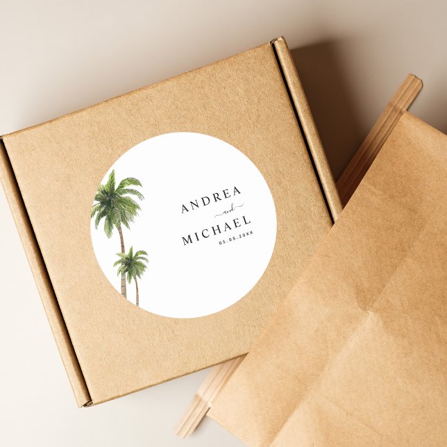 Palmen Trees Tropical Beach Hochzeit in Urlaubsort Runder Aufkleber (Von Creator hochgeladen)
