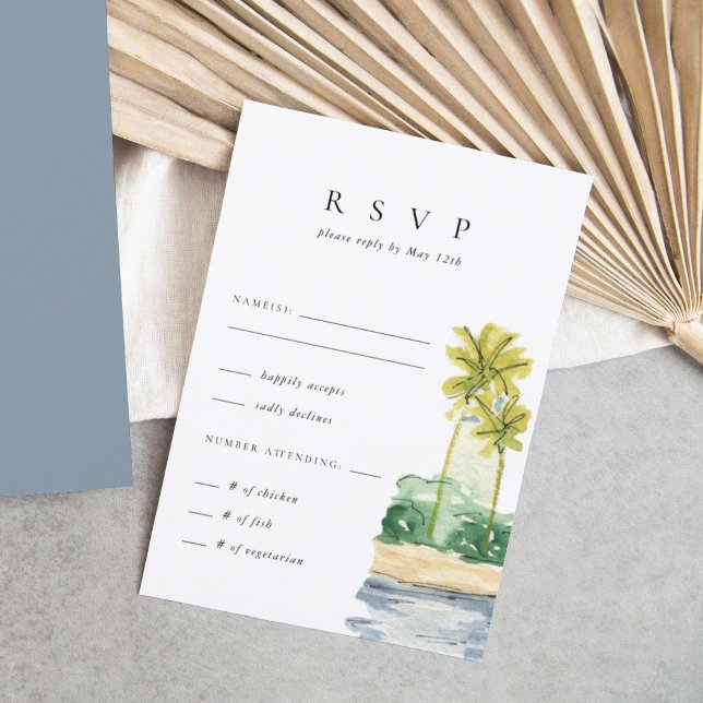 Palmen Trees Tropical Beach Hochzeit RSVP Karte (Watercolor palm trees beach scene tropical wedding RSVP response enclosure card.)