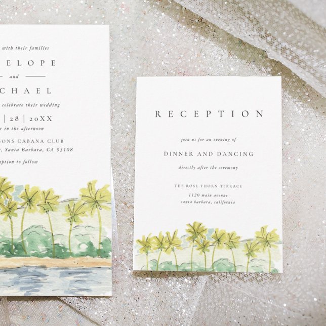 Palmen tropische Hochzeitsempfehlung Einladung (Watercolor palm trees beach scene wedding reception information enclosure cards.)