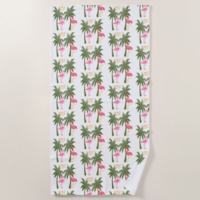 Palmen und rosa Flamingos Strandtuch (Vorderseite)