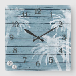 Palmen und Sand Dollars Blue Rustic Wood Beach Quadratische Wanduhr