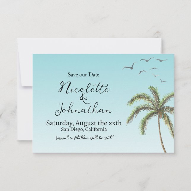Palmen und Vögel einfache Hochzeit am Strand Save The Date (Vorderseite)