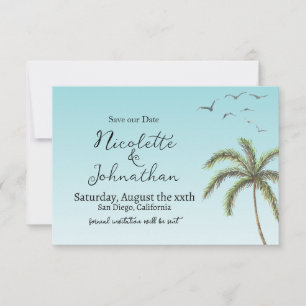 Palmen und Vögel einfache Hochzeit am Strand Save The Date