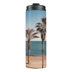 Palmenbaum am Strand am Morgen Thermosbecher