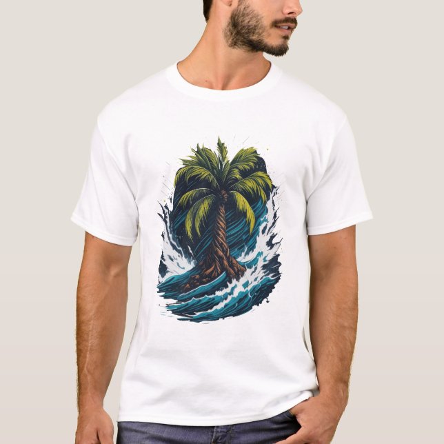Palmenbaum im Malstil mit Meereswelle T-Shirt (Vorderseite)