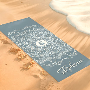 Palmenbaum-Meeresschnecken-Mandala-Monogramm Blaue Yogamatte
