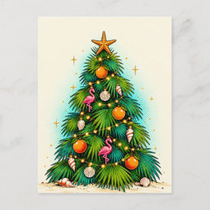 Palmenbaum mit Flamingos, Orangen und Muscheln Postkarte