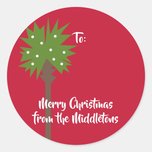 Palmenbaum mit weißen Weihnachtsbeleuchtung Runder Aufkleber (Vorderseite)