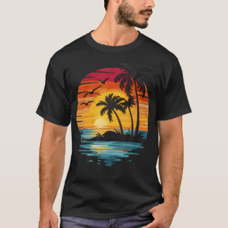 Palmenbaum Retro Sonnenuntergang Sommer Strand Vin T-Shirt