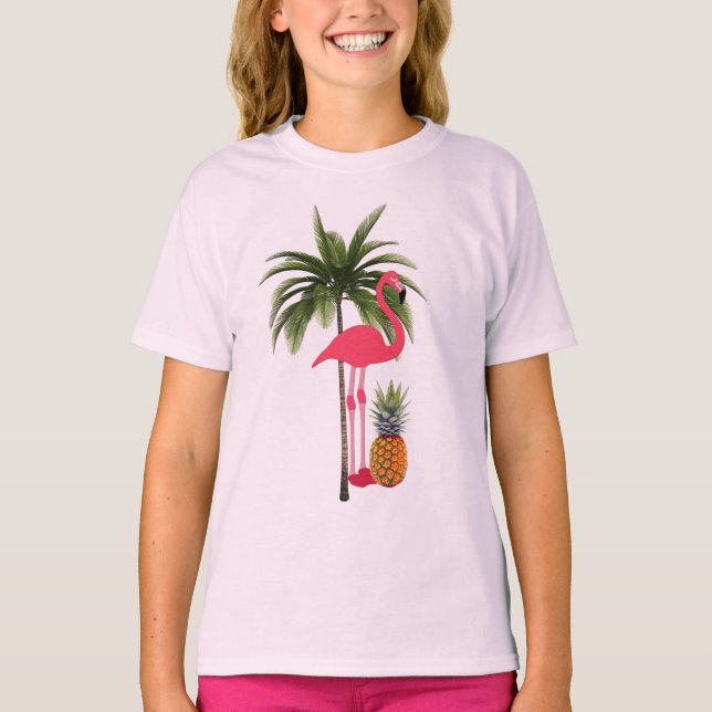 Palmenbaum, rosa Flamingo, Ananas-Girl-T - Shirt (Vorderseite)