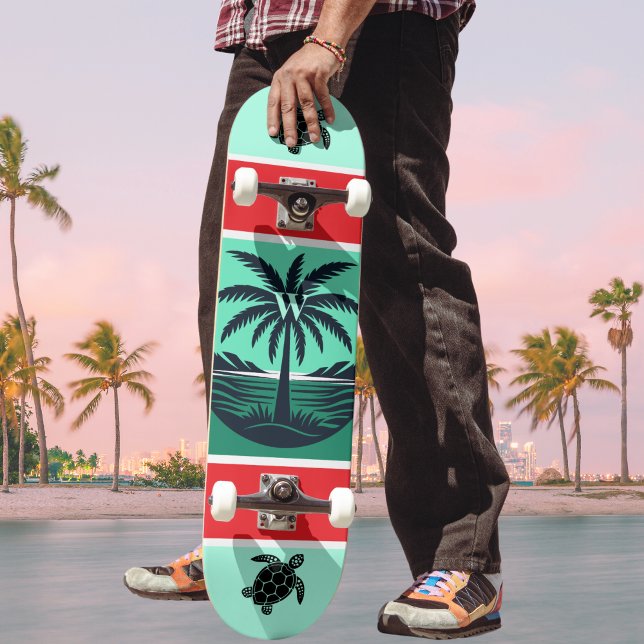 Palmenbaum-Schildkröte-Silhouette Rot Grün Initial Skateboard (Von Creator hochgeladen)